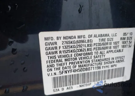 2013 Honda Pilot Ex-L from USA, damaged, VIN 5FNYF4H50DB071196